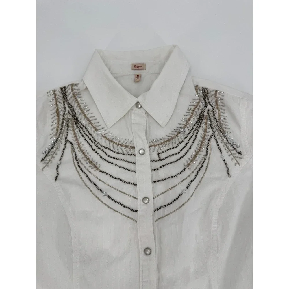 Y2K Reba Western Shirt Womens‎ Medium White Rhinestone Chain Cotton Pearl Snap
